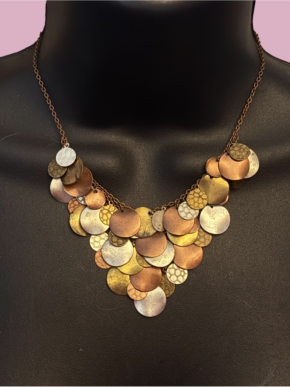 Mixed metal textured bib necklace